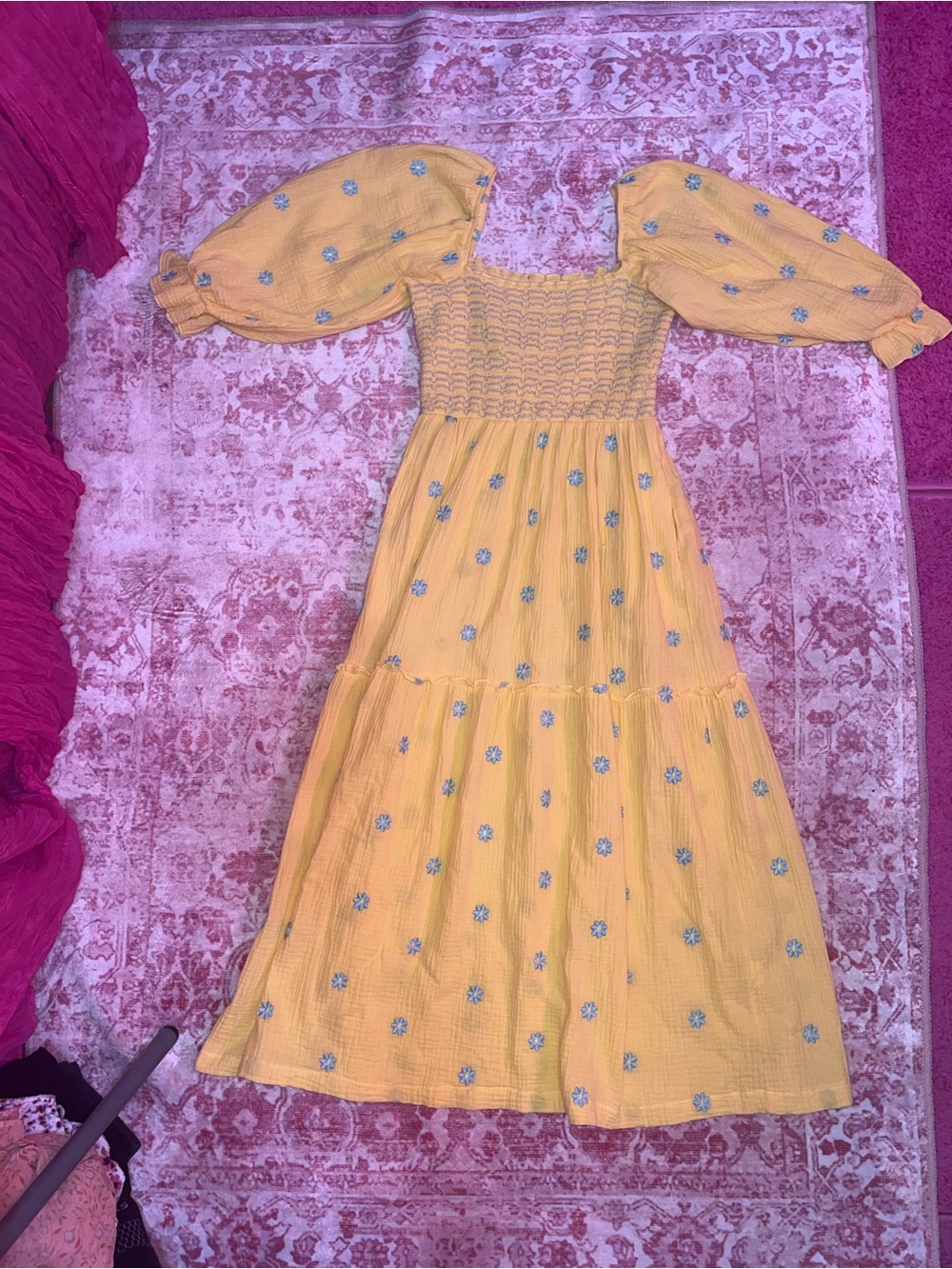 Yellow Smocked Maxi Dress with Puff Sleeves and Floral Embroidery